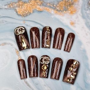 Shimmer Cat Eye Press On Nail with Rhinestones and Charms